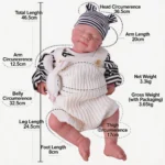 Realistische Silikon-Reborn-Babypuppe mit detaillierten Maßen und Kleidung.