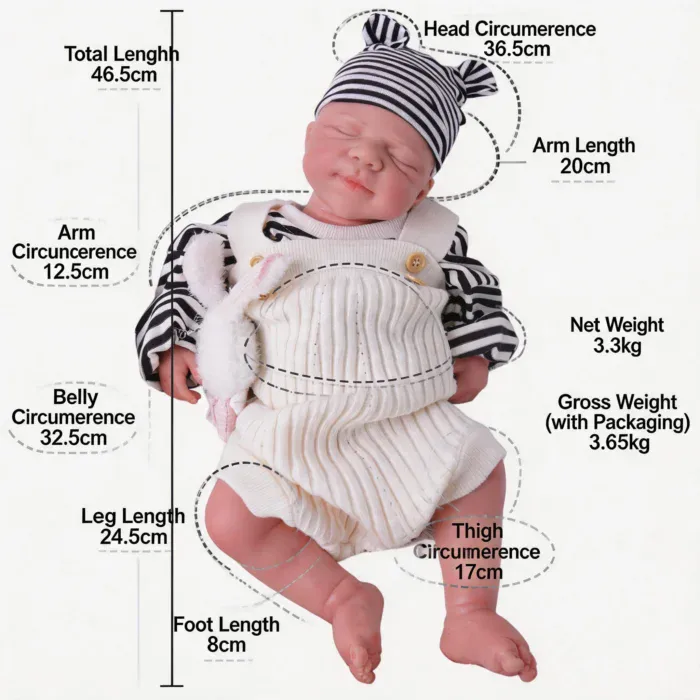 Realistische Silikon-Reborn-Babypuppe mit detaillierten Maßen und Kleidung.