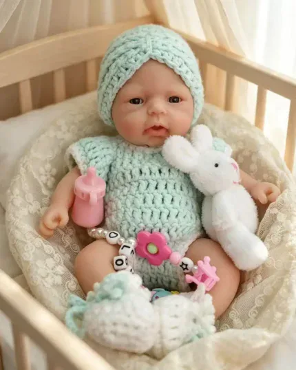 Bezaubernde, 18 cm große Silikon-Reborn-Puppe mit blauer Strickmütze und Outfit.