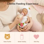 Baby doll being bottle-fed by caregiver in cozy setting.