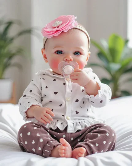 Reborn baby doll with pink flower headband and heart-pattern outfit.