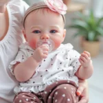 Lifelike blue-eyed reborn baby with pacifier and pink headband.