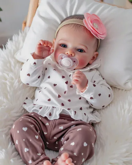Baby girl reborn doll with pink flower headband and pacifier.